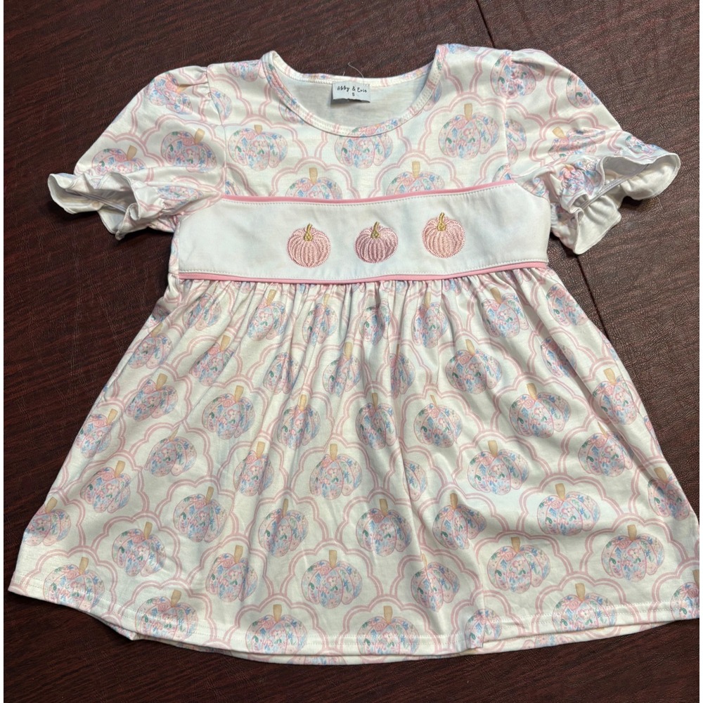 Abby & Evie Girls Pink Floral Pumpkin Embroidered Fall Dress Size 5 Short Sleeve